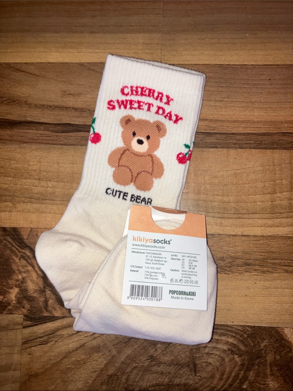 Kikiya socks cherry sweet day teddy bear cream  women’s one size